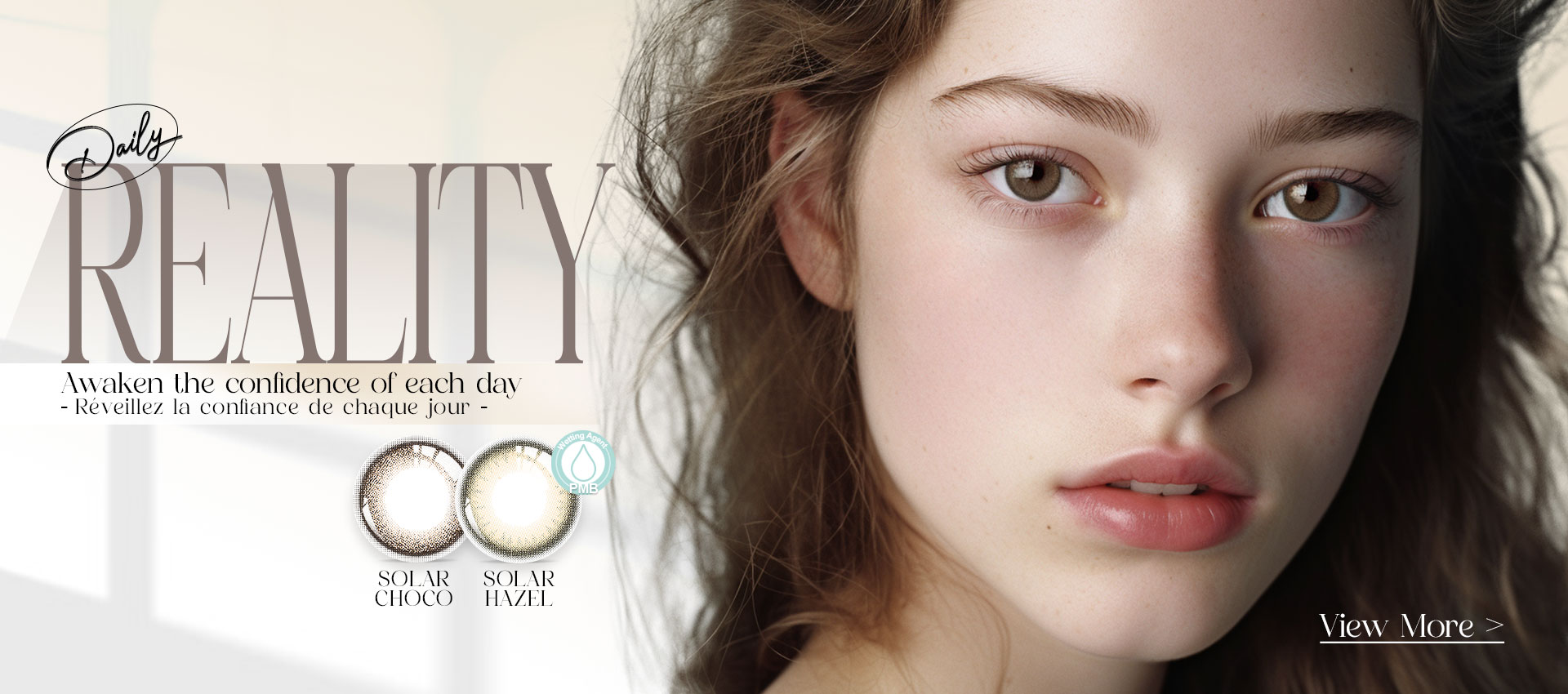 Model wearing Solar daily coloured contact lenses